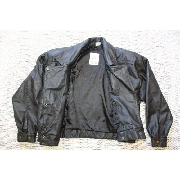 Vintage 80's Together Leather Bomber Black Jacket Small Motorcycle Pocket button - Picture 6 of 13